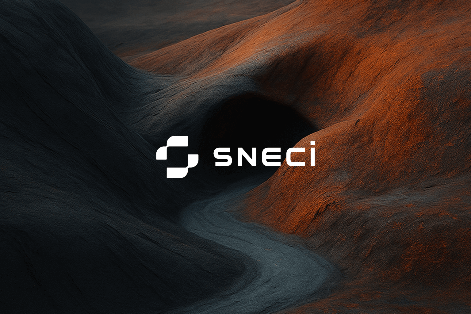 Sneci logo presented on a textured black and orange landscape